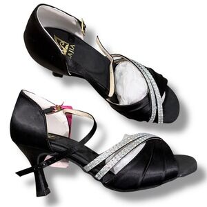 NIB JIAJIA Black Satin Suede Rhinestone Strappy Ballroom Dance Heels Sz 6 37